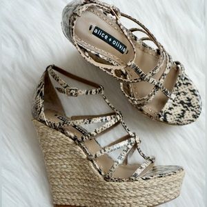 Alice + Olivia Leather Snake Print Espadrille Wedges NWOT